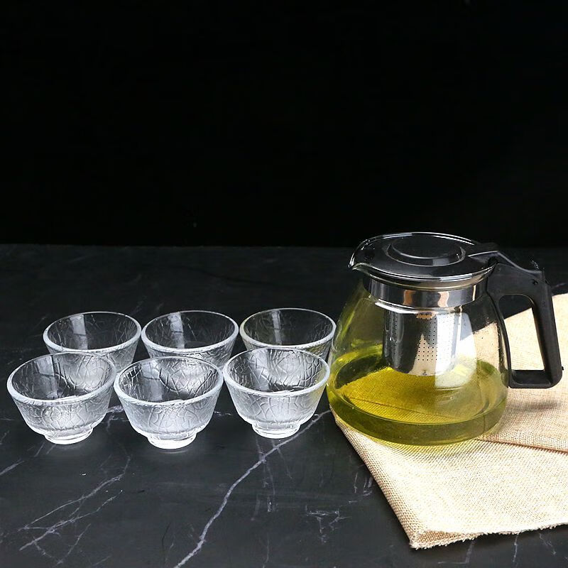 玻璃泡茶壶套装家用茶具套装茶杯冷水壶玻璃功夫茶具茶叶过滤 1000壶+6只锤纹杯
