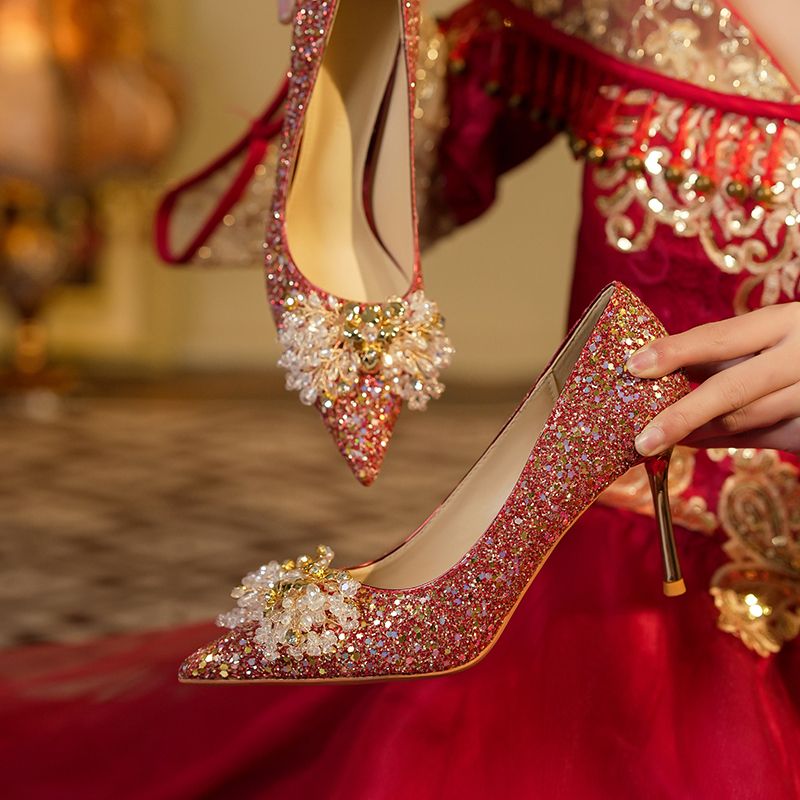范华洛婚鞋新娘鞋红色高跟鞋女中式秀禾婚纱鞋结婚鞋女2024 红色(6cm跟高) 38