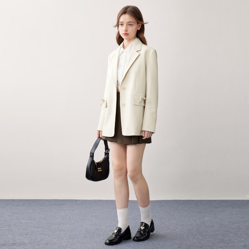 乐町韩系学院风秋季新款口袋蝴蝶结设计感休闲宽松西装外套 米白(现货) XS