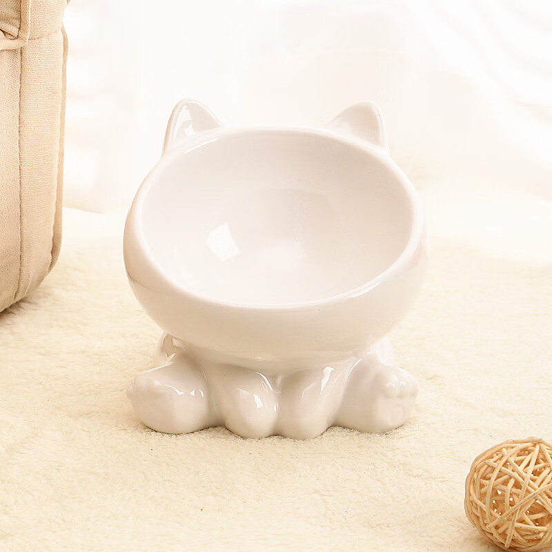 喵说猫咪食盆一体陶瓷猫碗斜口高脚可爱保护颈椎狗碗饮水猫盆防黑下 伸手白色