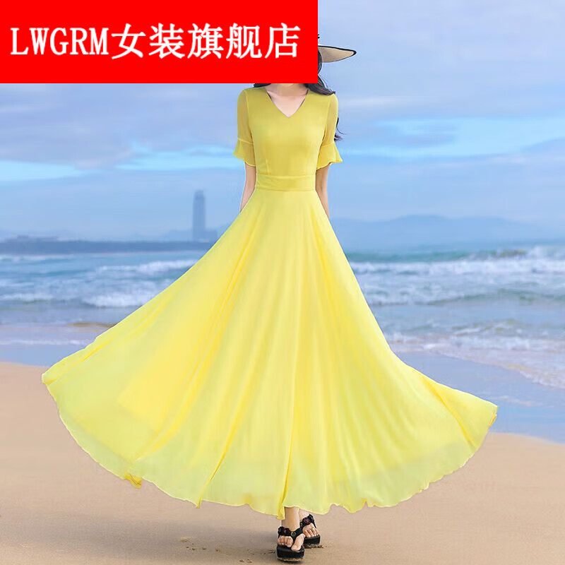 lwgrm年夏季沙滩长裙红色雪纺连衣裙女长款大摆显瘦超长裙子仙女裙 浅
