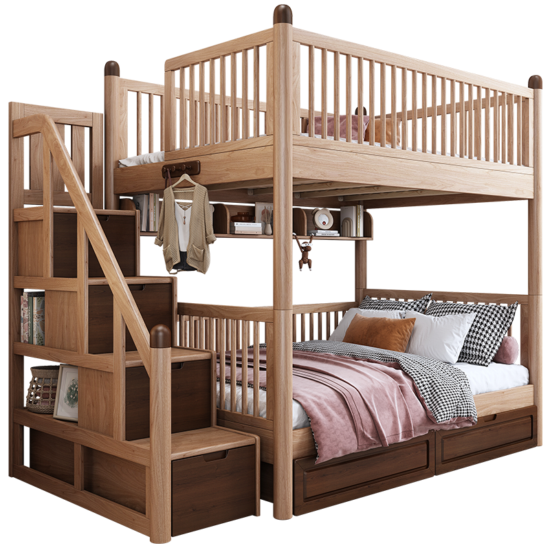 优漫佳 白蜡木高低床北欧简约双层床全实木儿童床上下床男孩 加高护栏 仅高低床(不含书架) 上下同宽1.2*2米【备注直梯/斜梯】