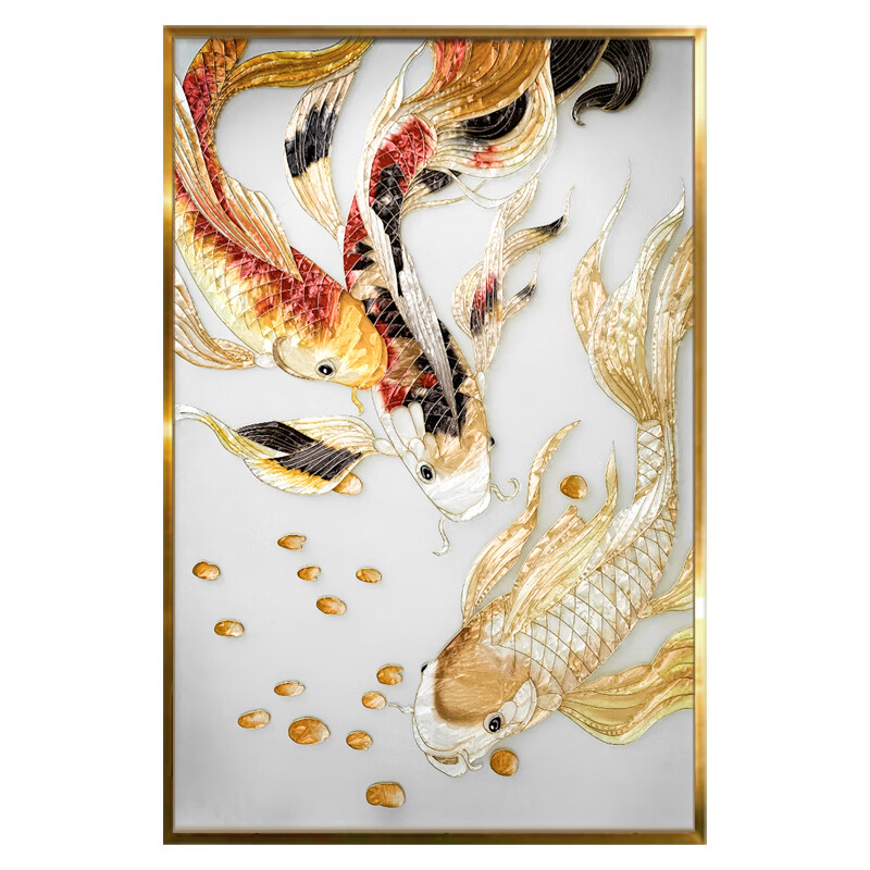 新中式珐琅彩玄关装饰画原创餐厅轻奢挂画竖版门厅高端壁画发财鱼