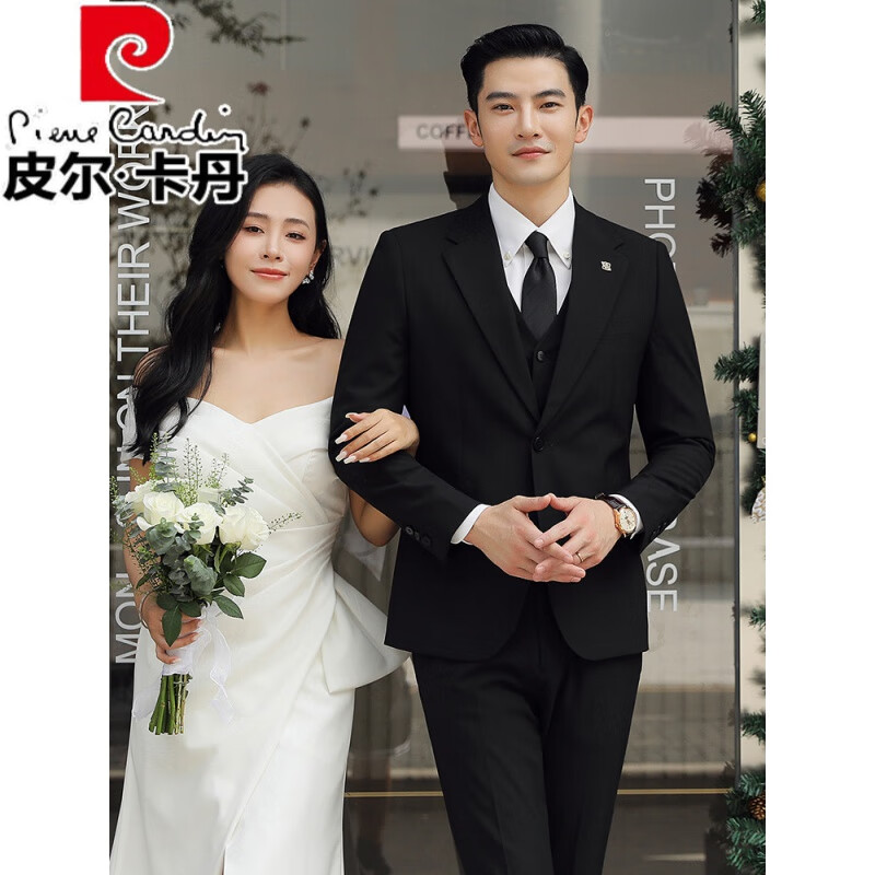 皮尔卡丹（pierre cardin）新郎结婚西服套装男礼服英伦西装三件套韩版修身商务休闲职业正装 98BB#黑色(西装+马甲+西裤) S