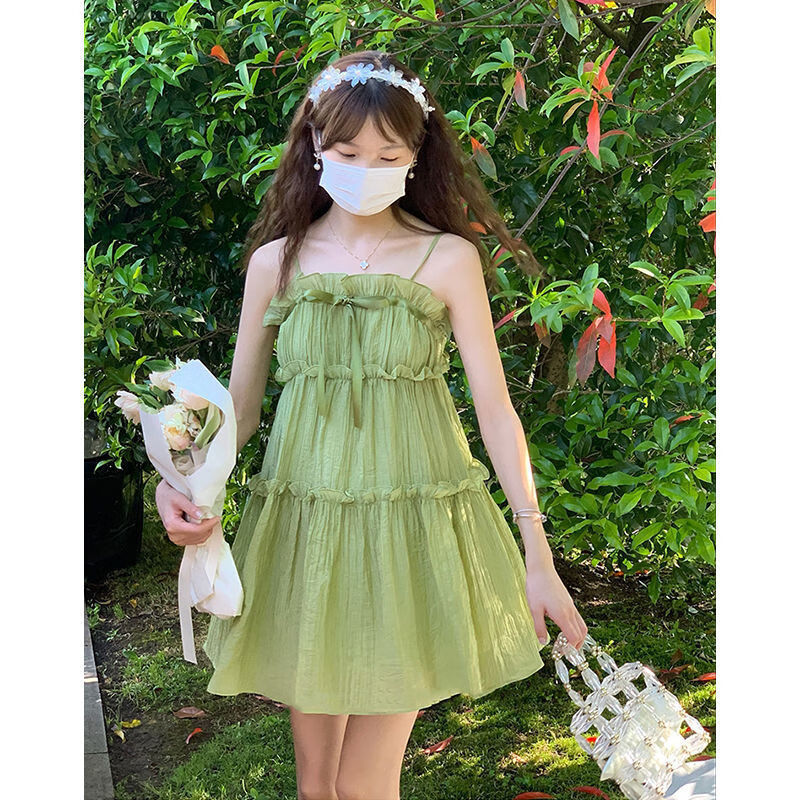 慕林挽小清新显白绿色公主裙夏季仙气木耳边蝴蝶结系带连衣裙小个子