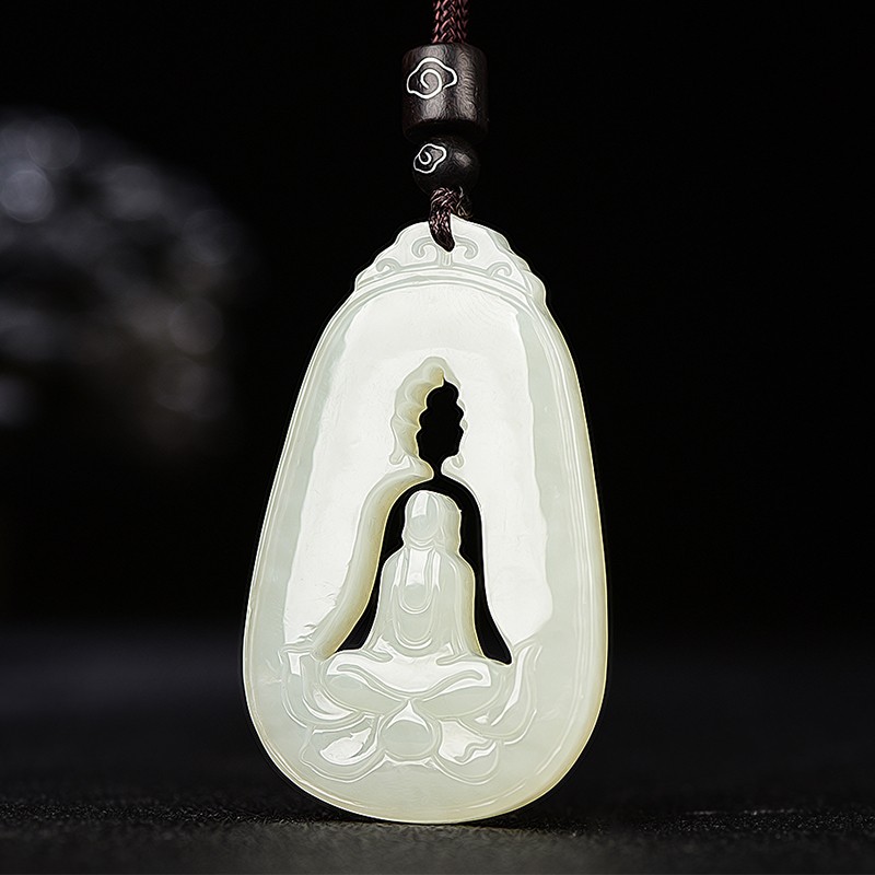 玉赐平安新疆和田玉白玉悟道吊坠男士一心向佛挂件女款镂空雕刻带证书