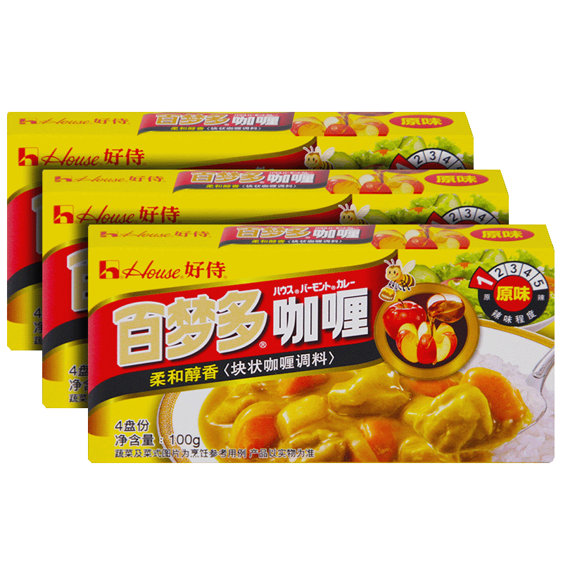 好侍House百梦多咖喱100g原味微辣辣味日式速食咖喱块咖喱酱块状咖喱日式速食鸡肉咖喱饭日式调味料 原味*3盒