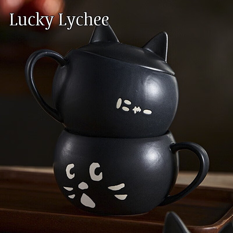 lucky lychee陶瓷马克杯早餐杯燕麦片猫咪日式杯子带盖茶杯水杯咖啡杯