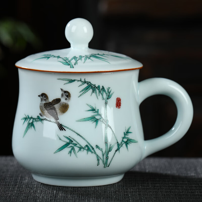 上官大人陶瓷杯茶杯水杯杯子帶蓋景德鎮(zhèn)青瓷辦公杯茶具山水中式仿古復(fù)古 竹韻清香 300ml