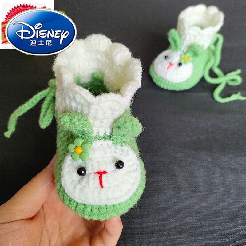 迪士尼（Disney）可爱萌小兔子婴儿鞋新生满月百天男女宝宝手工编织软底毛线鞋春秋 豆绿色加白色小兔靴 内长9.0cm 建议0-3个月