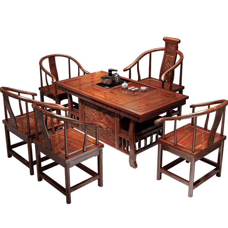 如啼 实木茶桌椅组合 茶台桌套装 功夫泡茶桌小 新中式茶桌茶几桌实木 阳台办公室茶桌茶具桌茶道桌 【1.5m马到成功】1圈椅+4半圈椅
