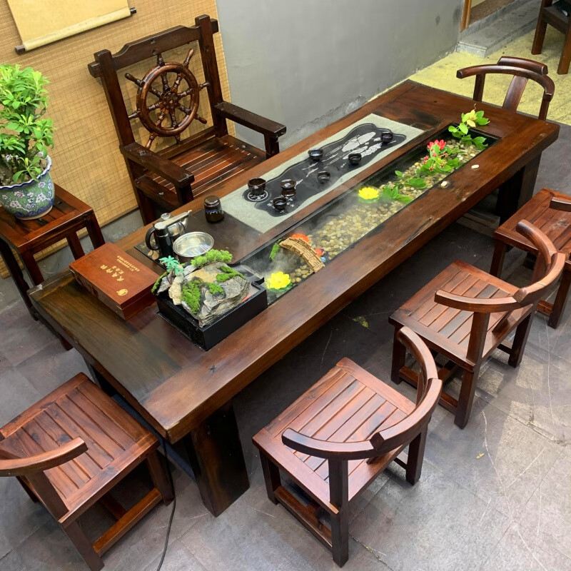 渺帆老船木茶桌新中式大板茶桌老船木流水茶桌组合茶台办公室景观茶几