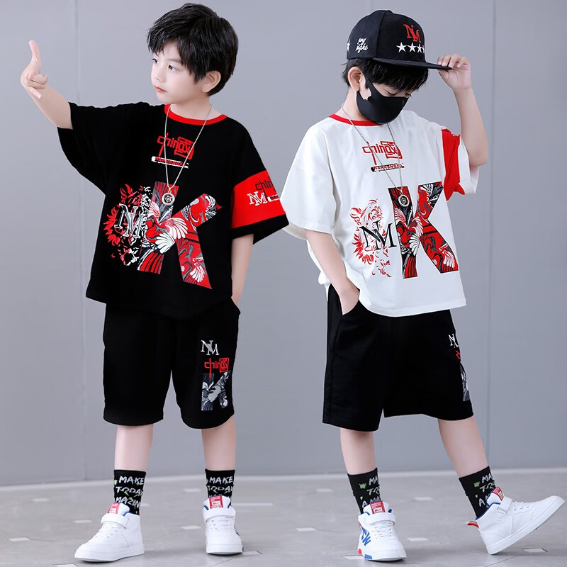 宇龙童话(elongstory)童装短袖男童套装帅气中国风男孩夏天国潮运动儿童街舞衣服裤子 白色夏装套装(衣服裤子) 160 码建议身高1.45-1.5米左右