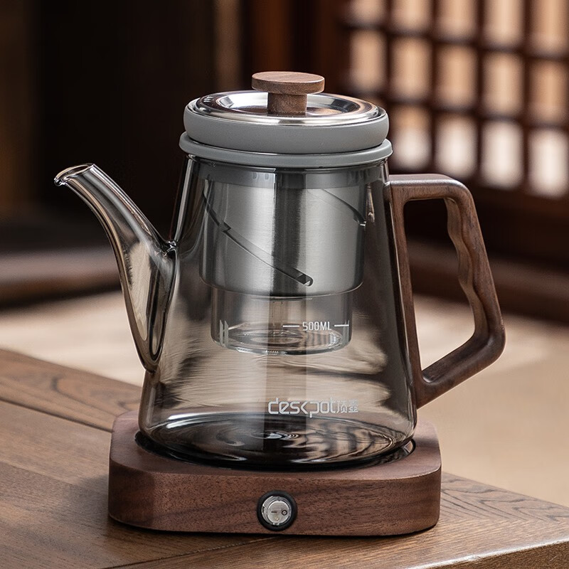 壹购顶壶耐高温玻璃旋转内胆泡茶壶家用升降内胆飘逸壶茶水分离泡茶器 D21B烟灰(长嘴)+恒温座【配4杯】 500ml
