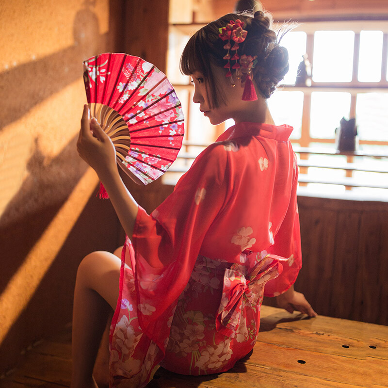 情趣内衣和服女式蕾丝网纱印花雪纺透明复古日式日本和服性感睡衣制服