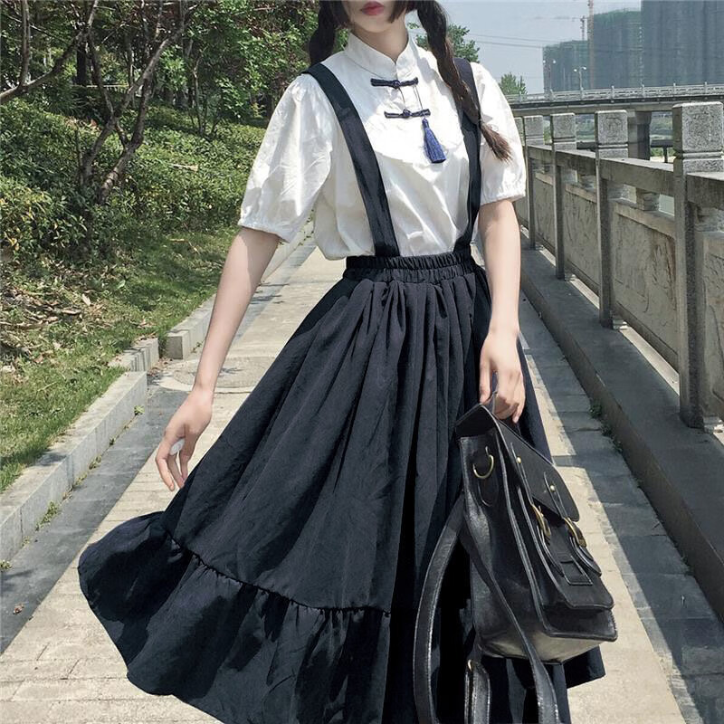 日系連衣裙甜美2021夏季新款學(xué)院風(fēng)背帶裙子女學(xué)生洋氣軟妹大擺型閨蜜裝套裝森系少女 黑色套裝(單裙+T恤) XL
