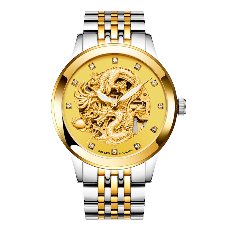 梭伦(sollen) 手表 镂空自动机械表时尚男士手表防水夜光精钢带腕表全