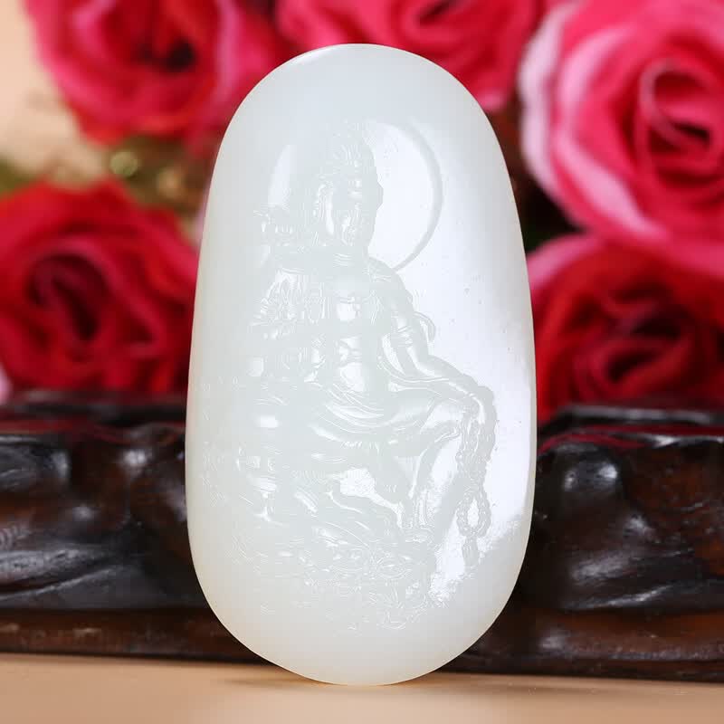苏州玉雕大师万子涵作品 和田玉籽料羊脂玉文殊菩萨吊坠玉坠 玉石礼物
