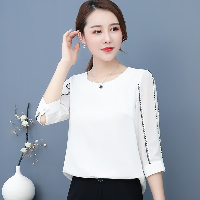 蔚曼(veevmand)七分袖雪纺衫女2023夏季新款中袖小衫上衣减龄洋气气质