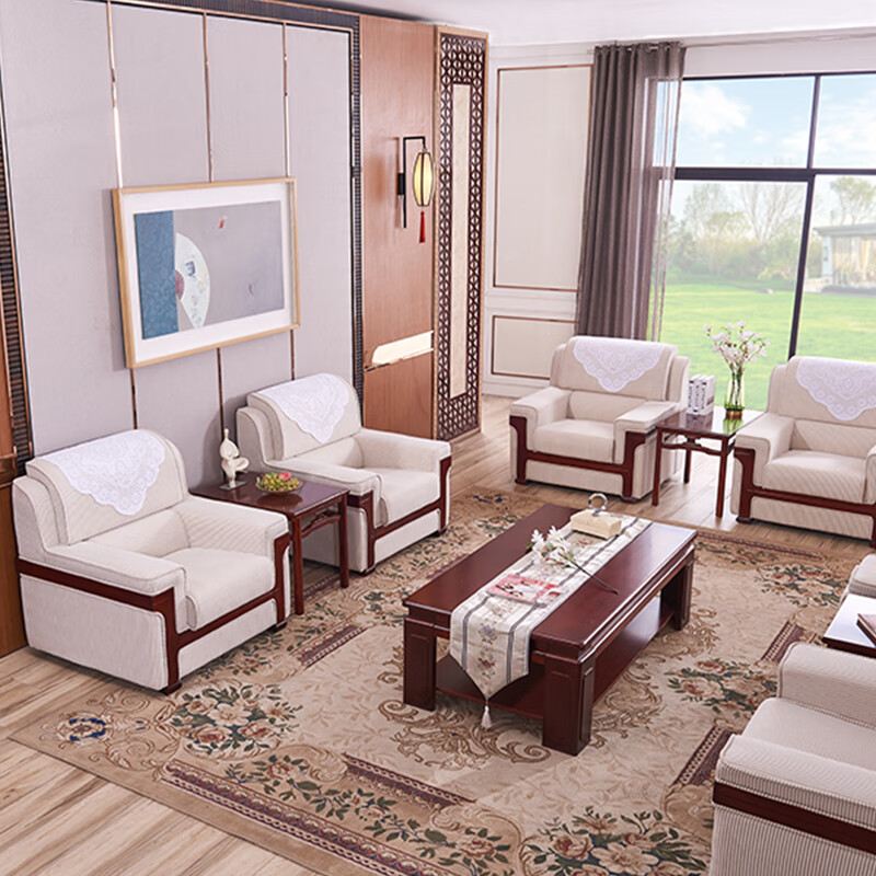 办公沙发贵宾接待室接洽商务会议会客区茶几组合约中式布具 布艺单人