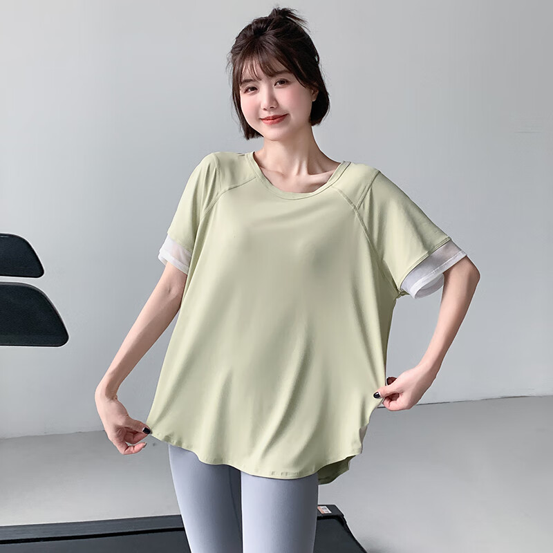 健身服女宽松大码瑜伽服短袖跑步罩衫夏季运动t恤速干上衣 青木色 l