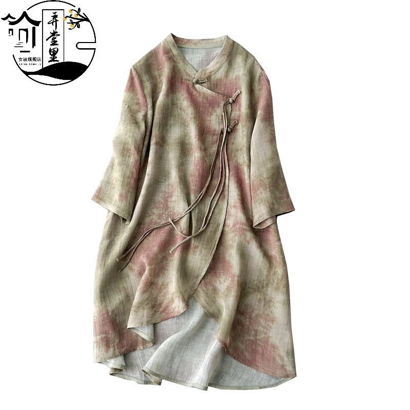 复古女装苎麻立领盘扣七分袖衬衫晕染中长衫文艺清凉罩衫 红绿晕色