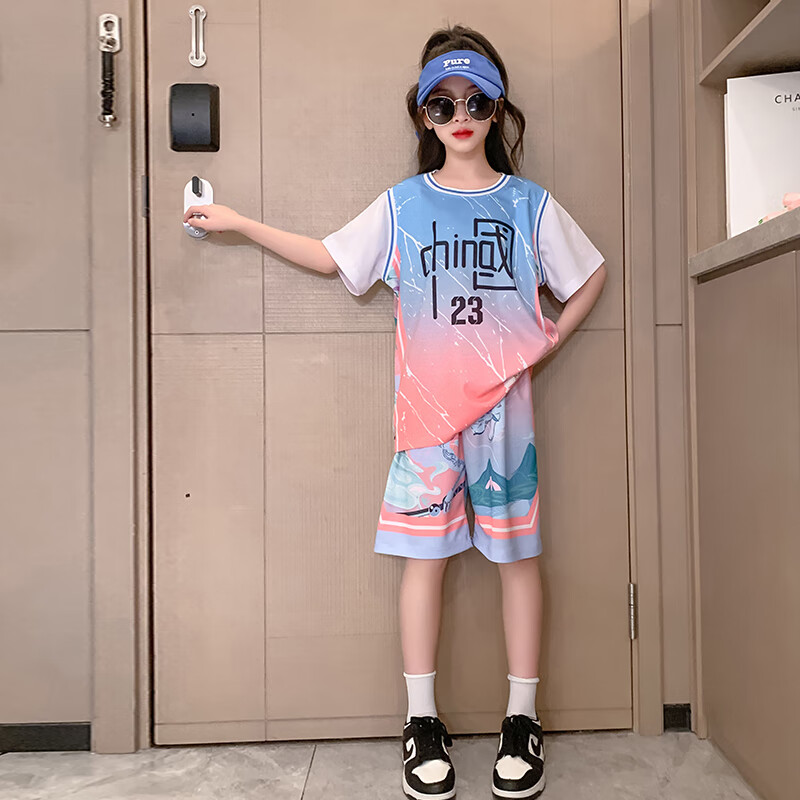 俪韵小屋(li yun house)小女孩篮球服女童篮球服夏季儿童中国球衣短袖