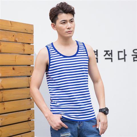 海魂衫男背心蓝白条纹运动装水手服海军风纯棉修身无袖打底衫 天蓝色