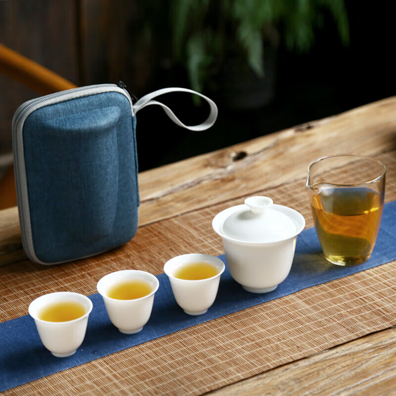 博为 旅行茶具套装便携式包快客杯一壶三杯户外旅游泡茶壶盖碗茶杯 私享(白)