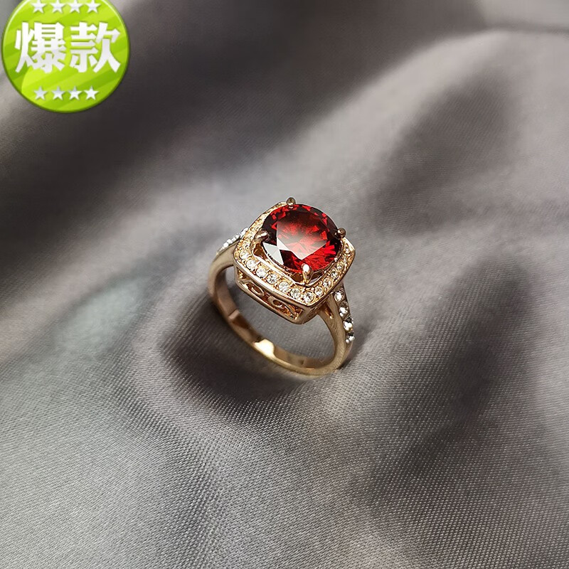 红时尚个性潮玫瑰金食指夸张红色宝石戒指女 玫瑰金红石内直径16毫米