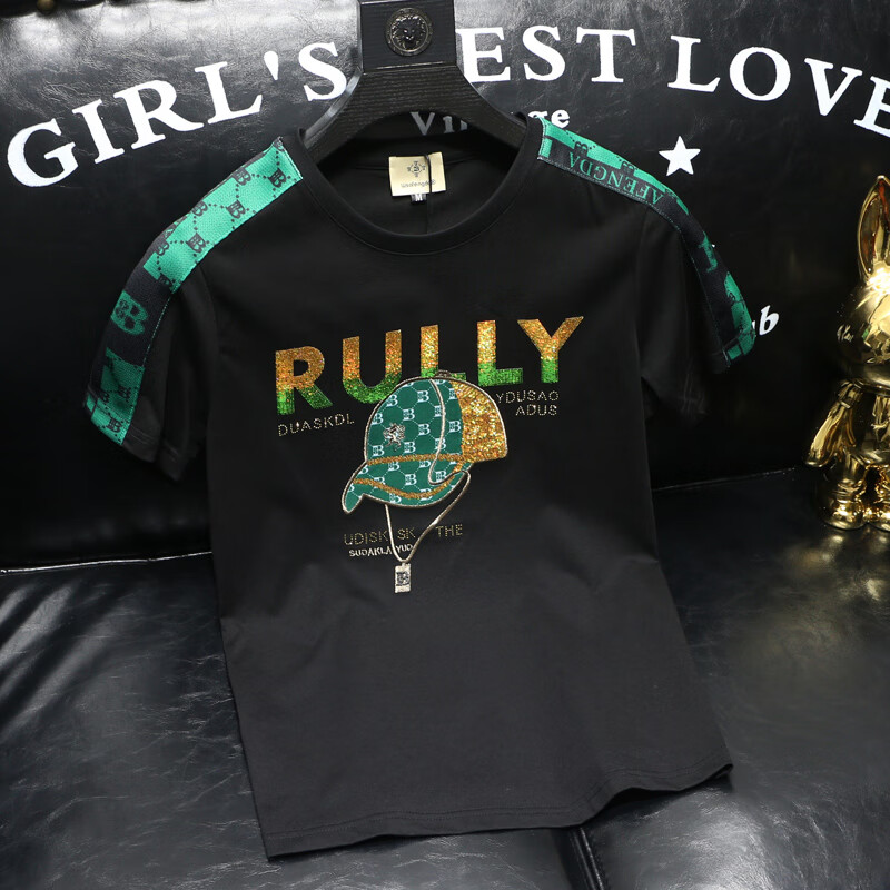 路易菲迪尼(luyifeidini)潮牌瓦萨琪亮片刺绣短袖t恤男士夏季修身青年