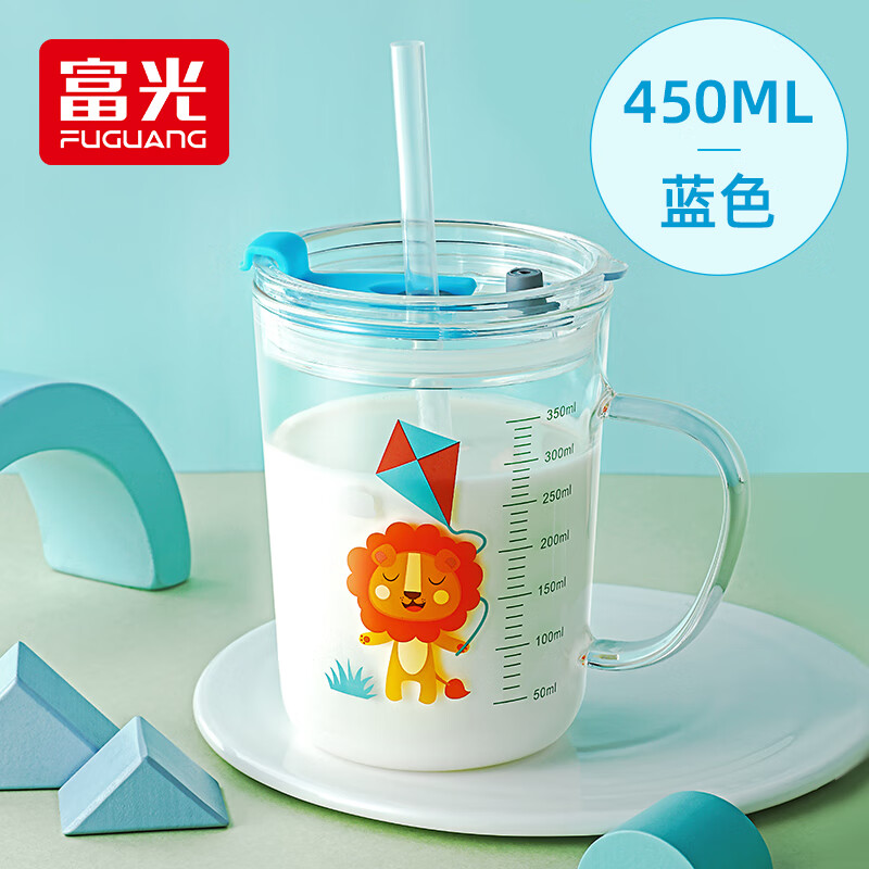 富光玻璃杯 家用儿童牛奶杯子带刻度吸管水杯 宝宝冲泡奶粉杯带把手