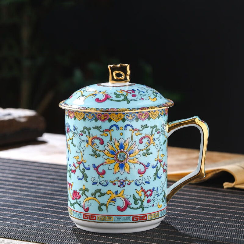 LICHEN景德鎮(zhèn)琺瑯彩陶瓷家用茶杯帶蓋描金骨瓷水杯辦公會議杯 描金藍纏枝蓮一個