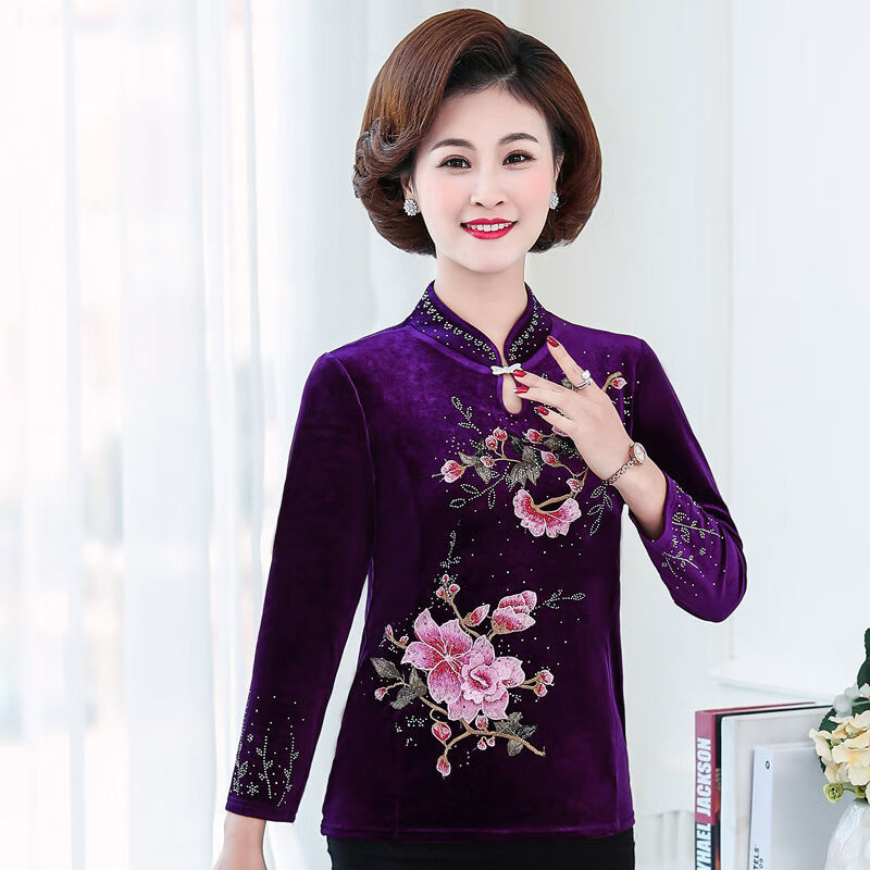 索宛亦(suowanyi)春装洋气老年妈妈绑带旗袍上衣中老年人女装金丝绒