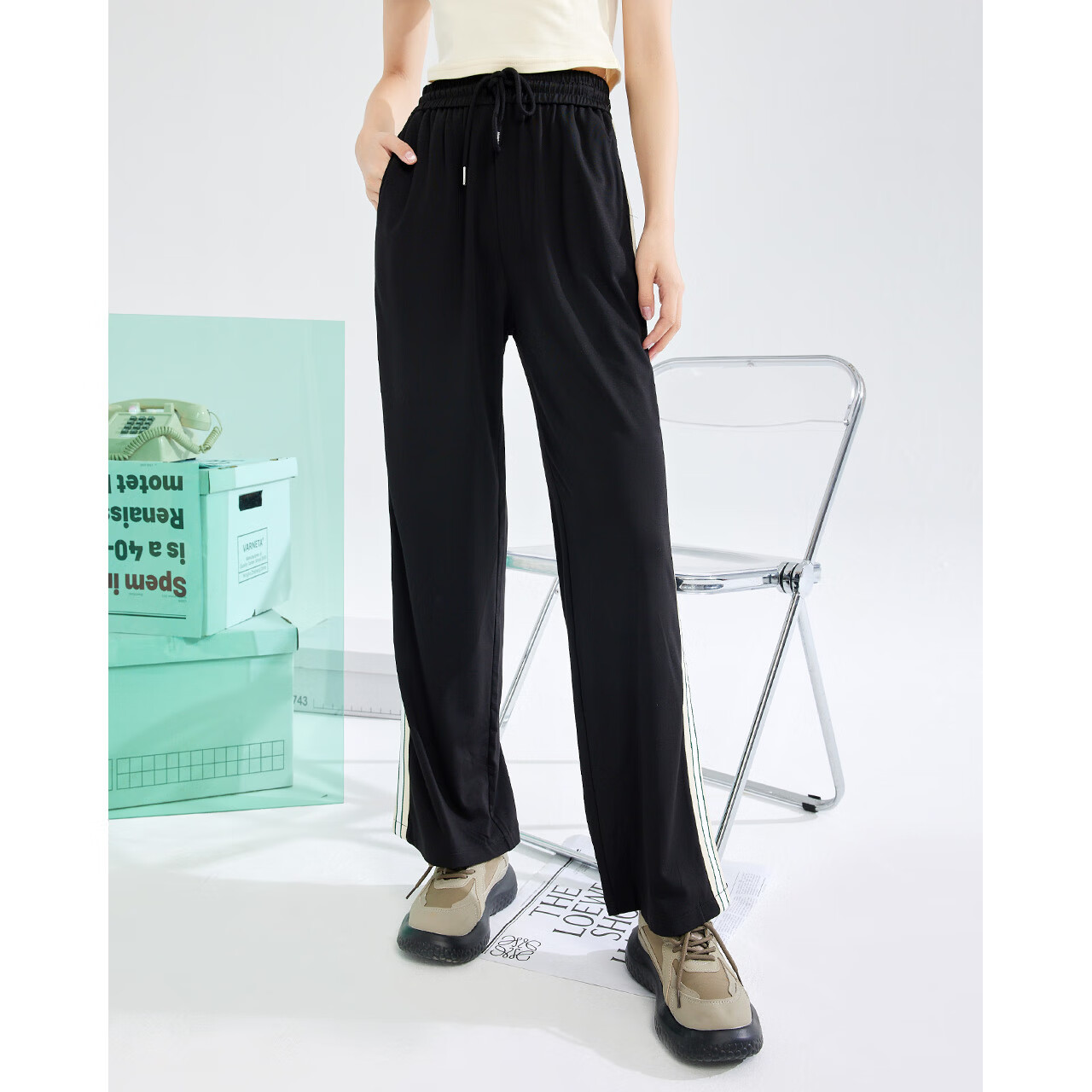 ief/爱依服休闲裤女2022年夏季新款高街复古运动风宽松条纹阔腿裤3525