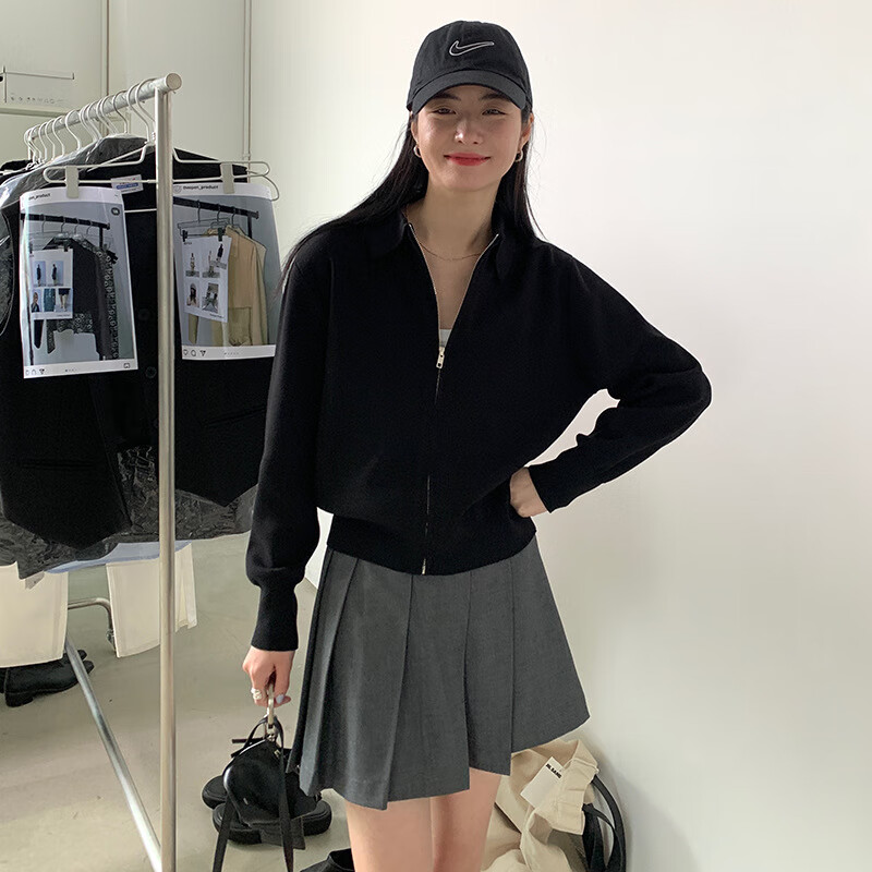针织开衫女秋季新款polo翻领拉链长袖宽松休闲外搭毛织外套 黑色 s