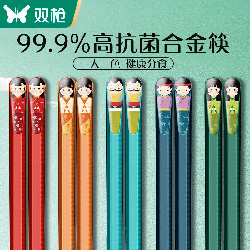 双枪 合金筷子家用抗菌防霉防滑耐高温油炸快子 创意分餐公筷儿童日式人物筷子餐具套装