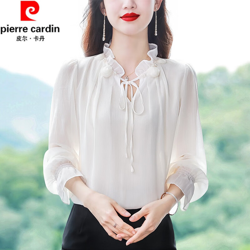 皮尔卡丹(pierre cardin)真丝衬衫女士长袖夏季新款宽松遮肚子漂亮
