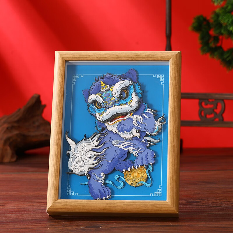 kepin国潮中国风醒/舞狮3d立体剪纸相框画手工diy装饰摆台摆件新年