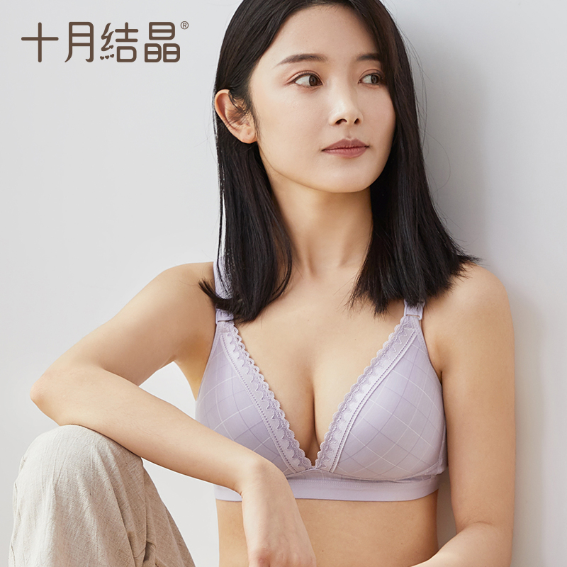 独家价格历史走势图，掌握市场状况！十月结晶孕妇内衣女薄款聚拢哺乳文胸怀孕期喂奶专用上开扣文胸紫格M码