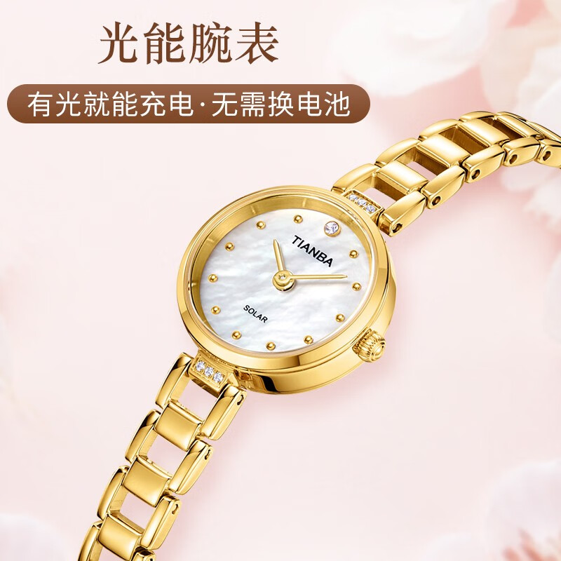 天霸（TIANBA）太阳能光能女表时尚贝母表盘手链表钢带小表盘女士防水手表TL9012 气质优雅金