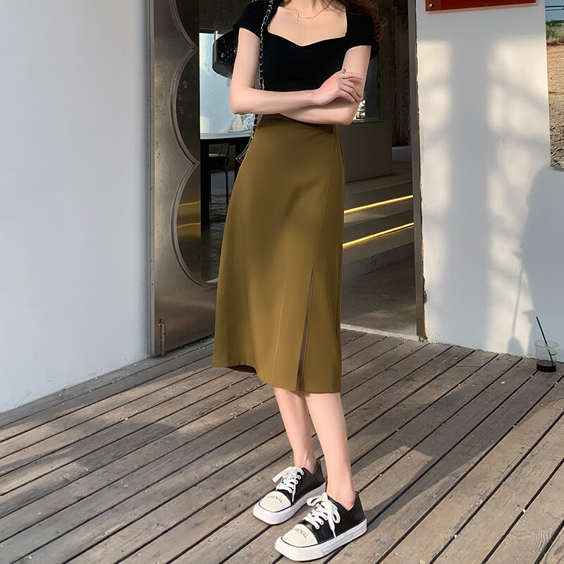 夏新款黑色小个子a字半身裙女高腰设计感小众中长款裙子lnc 焦糖色 s
