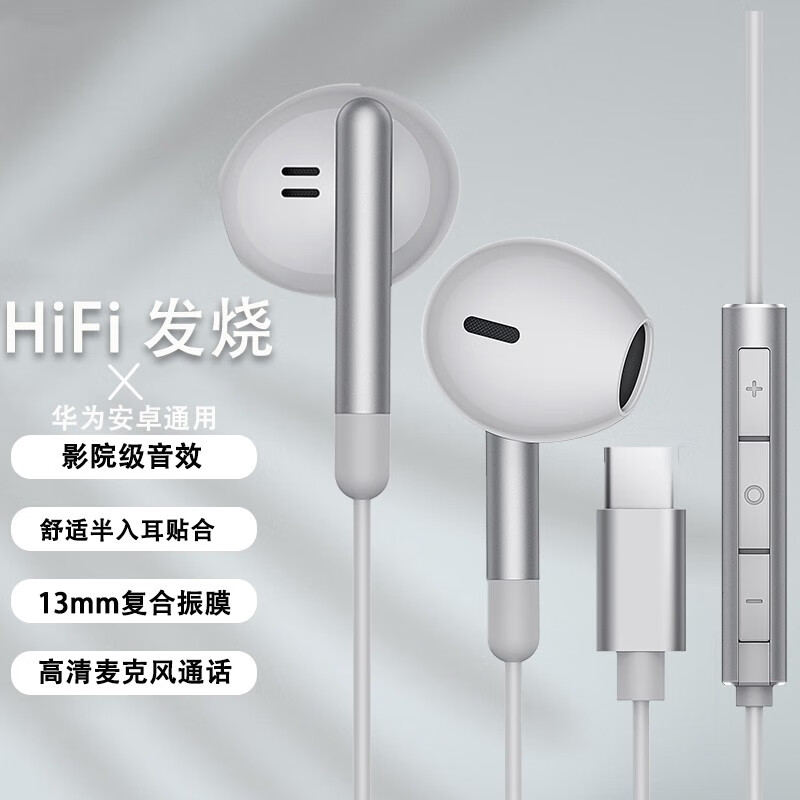柏林之声高品质耳机有线入耳式高音质安卓手机电脑电竞吃鸡游戏男女k歌专用typec扁头圆孔有线耳麦 灰色typec接口