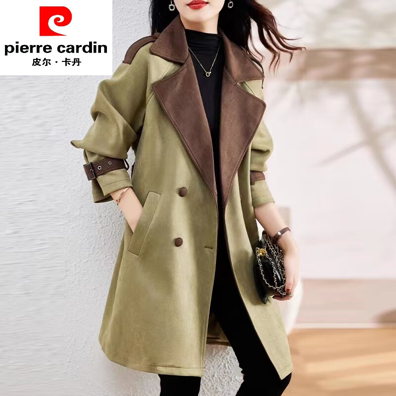 皮尔卡丹欧货鹿皮绒风衣女中长款2023春秋新款韩版休闲感大衣外套