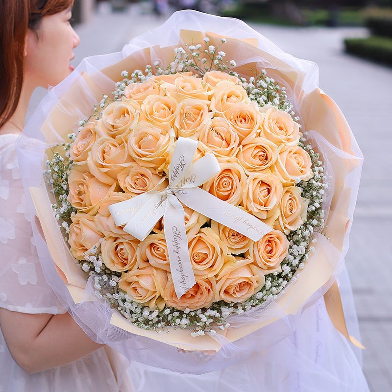 爱花居鲜花速递33朵香槟玫瑰花束生日礼物求婚送女友老婆花店同城配送