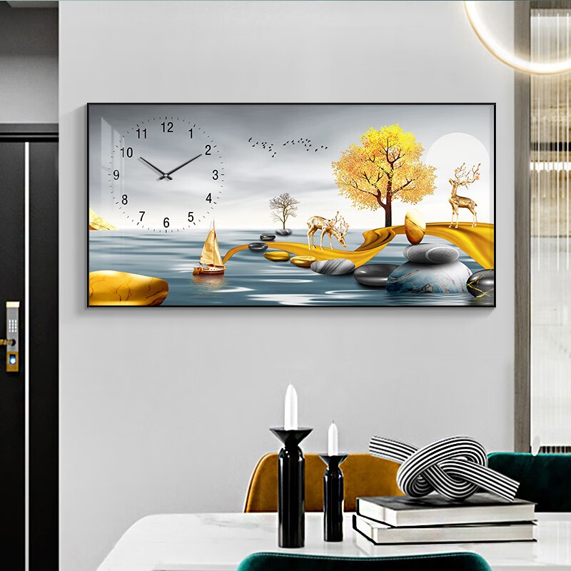 餐厅装饰画时钟挂画现代简约轻奢饭桌背景墙壁画横幅免打孔 福禄双至