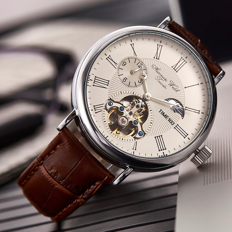 时光一百（TIME100）手表机械表飞轮全自动多功能月相牛皮休闲男表生日送男友生日礼物 复古飞轮机械两地时月相米咖