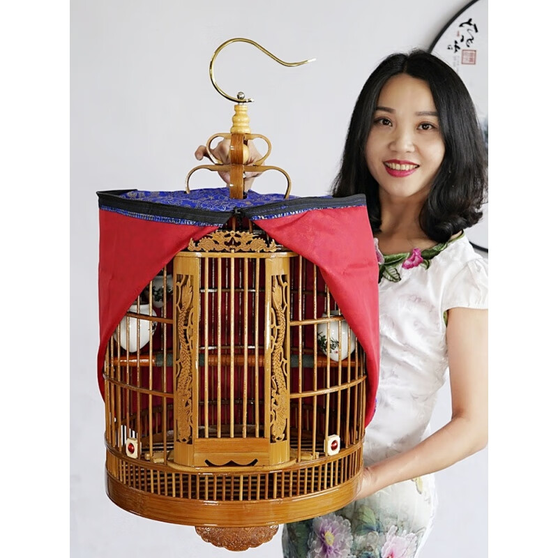手工竹制画眉鸟笼八哥鸟笼子精品大号全套老竹双门雕龙 33cm全套