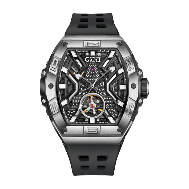 布加迪（BONEST GATTI）德国手表男士全自动机械名表夜光镂空腕表情人节新年礼物送男友 BG5001-R2 银壳黑面黑胶带