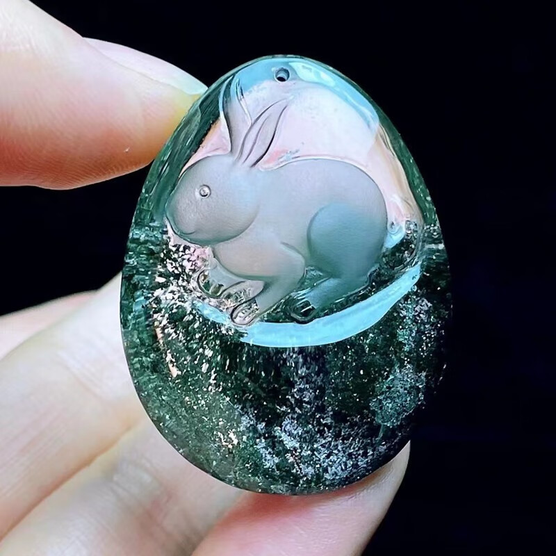 寻然水晶 绿幽灵兔子吊坠颜色墨绿晶体纯净通透雕工精佩戴配送精美